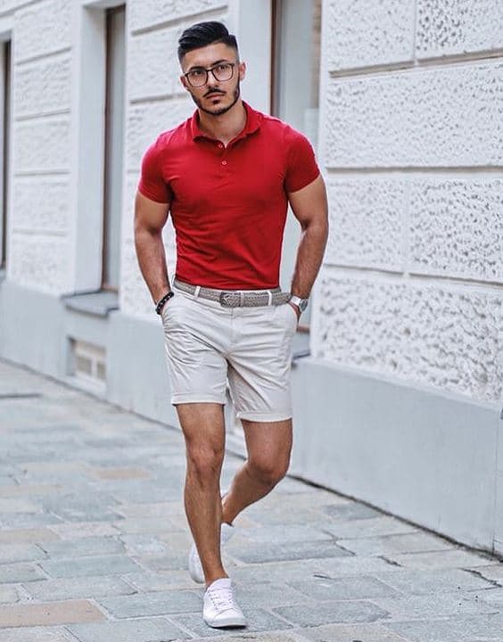 Casual red shirt and light shorts outfit